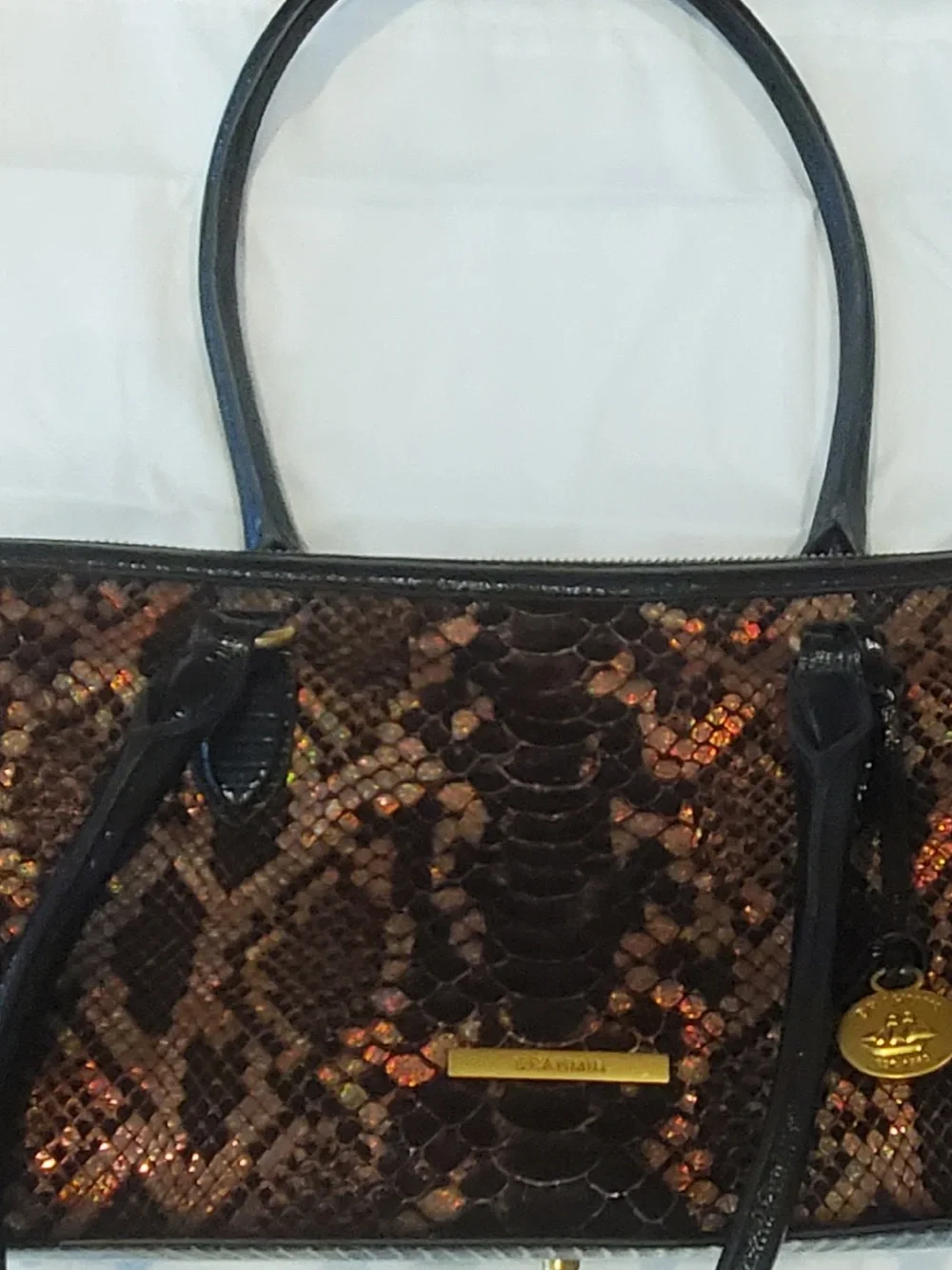 Brahmin Black Wallet & Brown Snake-Print Tote w/ Black Handles & Gold Hardware